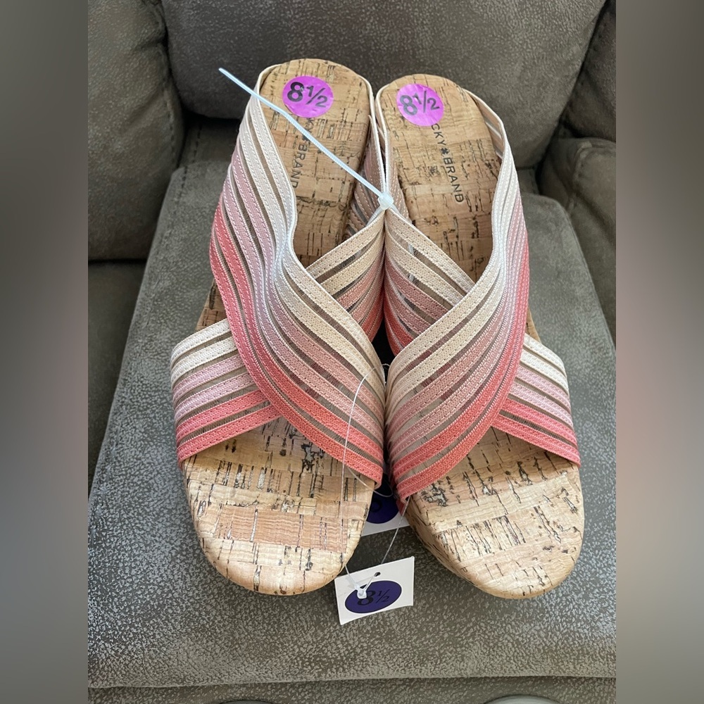 Lucky Brand Sandals Womens 8.5 M Mykayla Cork Wedge Heels Slide Slip On Pink - Picture 1 of 4